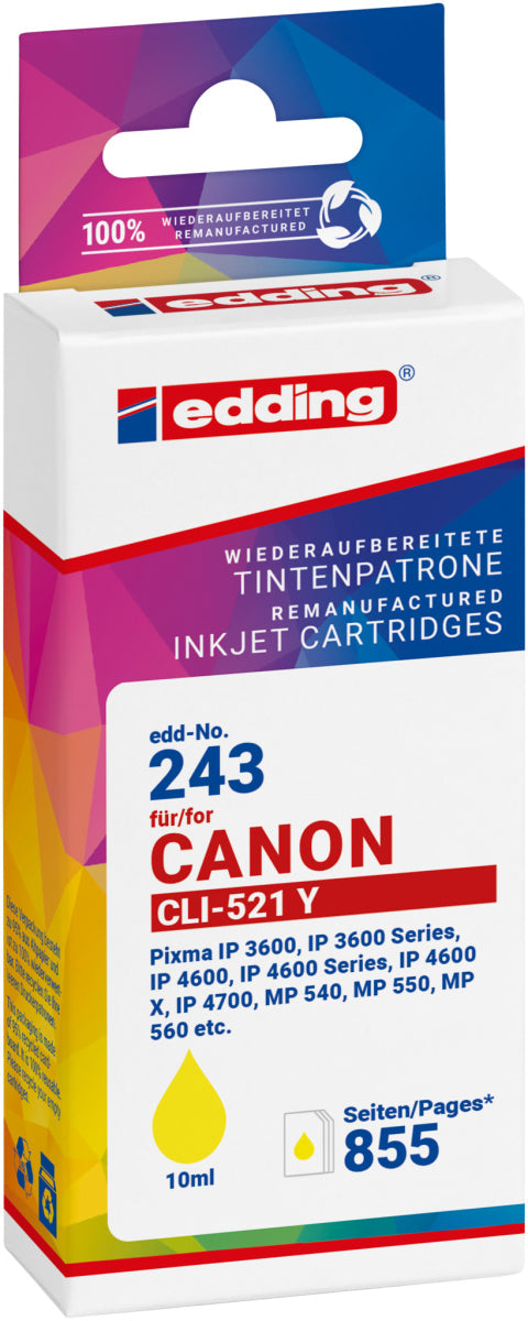 Tintenpatrone Edding Kompatibel für Canon CLI-521Y PIXMAiP3600 iP4600 iP4700 MP540 MP560